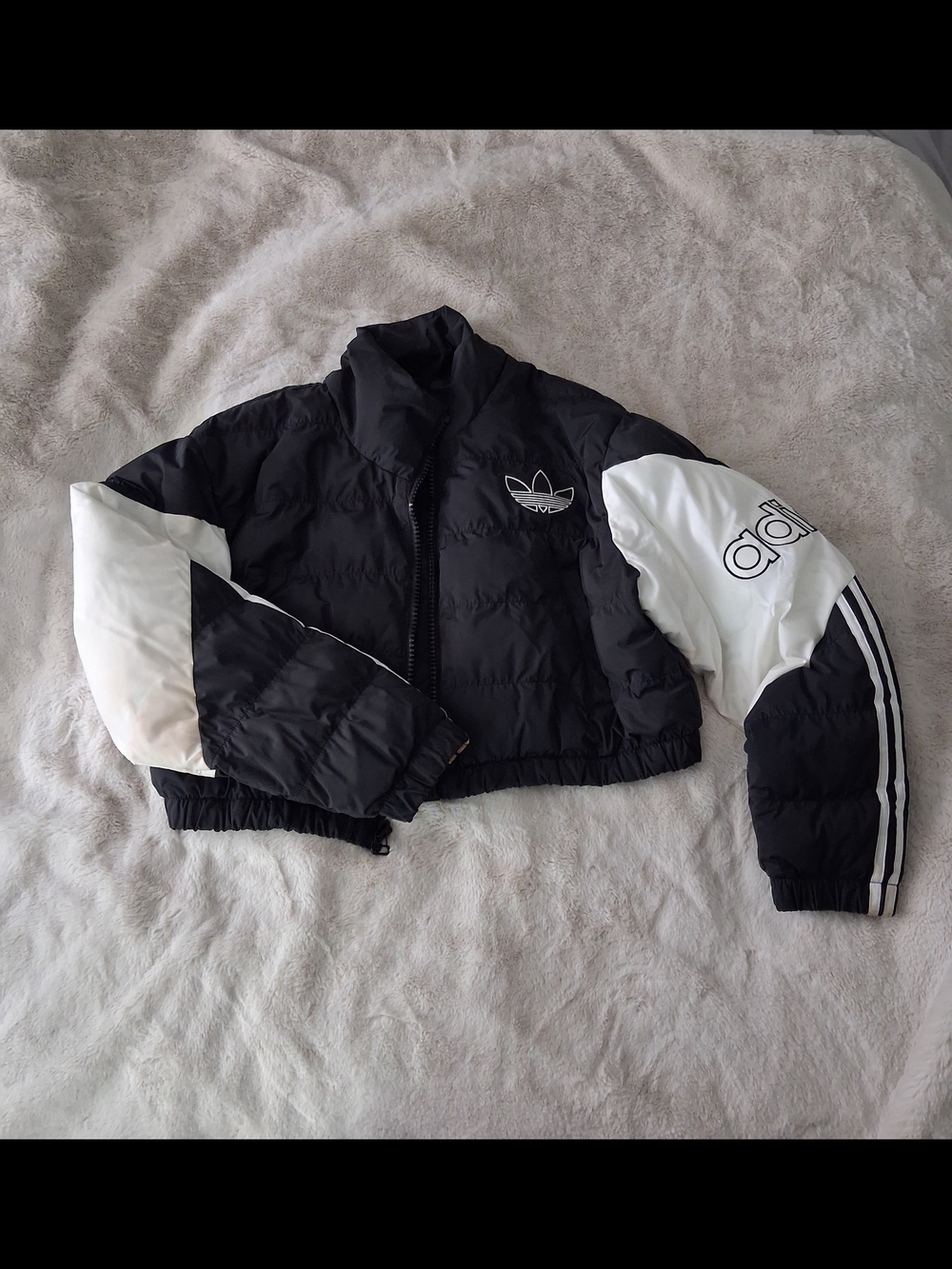 0adidas Crop Puffer Jacket Black on White Trefoil Brand Label